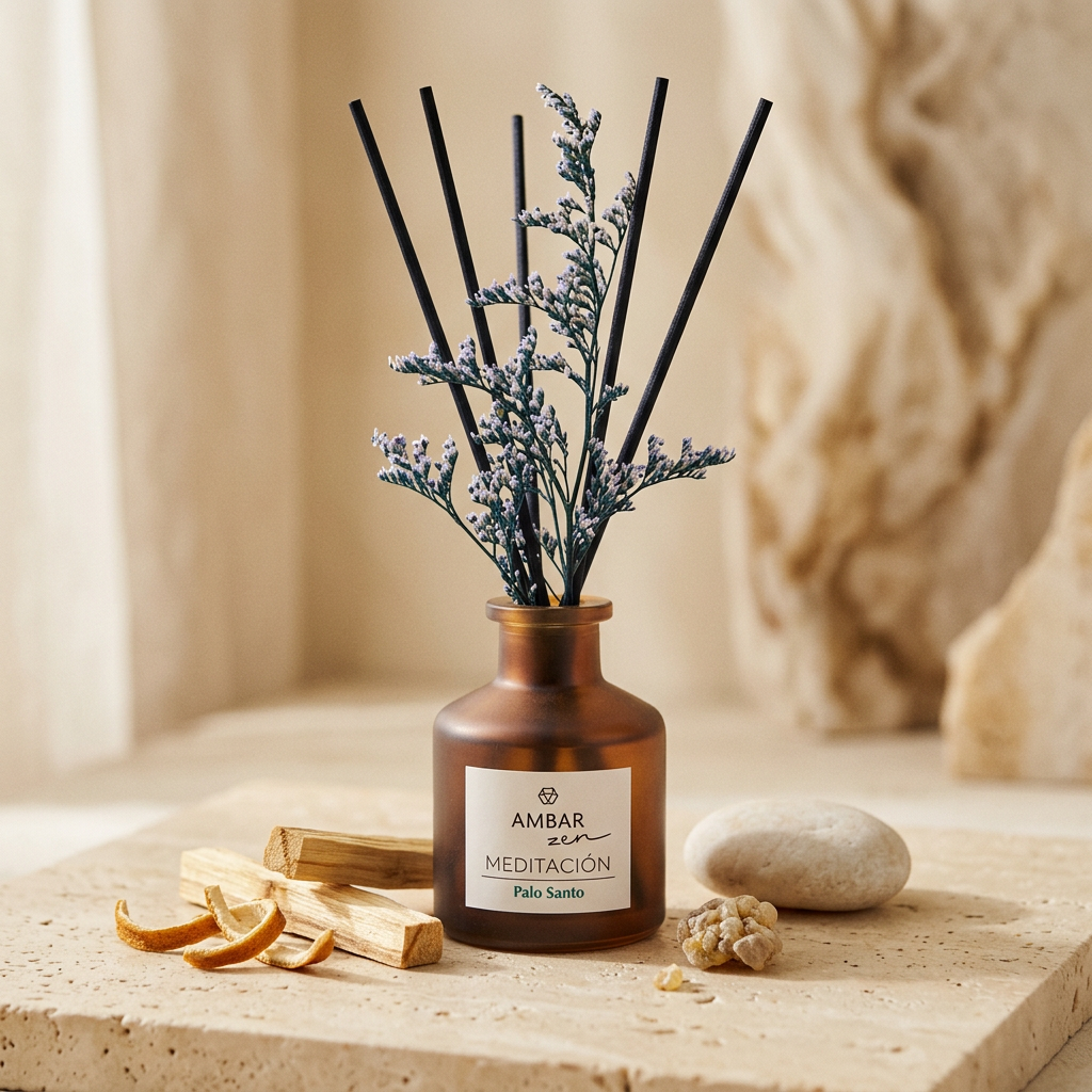 Mikado Zen · Palo Santo con astillas resinosas, cáscara cítrica e incienso, frasco de vidrio, Go Living.