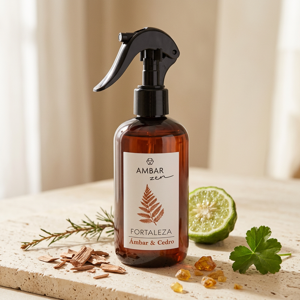 Spray Hogar Zen · Ámbar y Cedro con ramas de cedro, bergamota y ámbar sobre travertino cream, frasco 100 ml, Go Living.