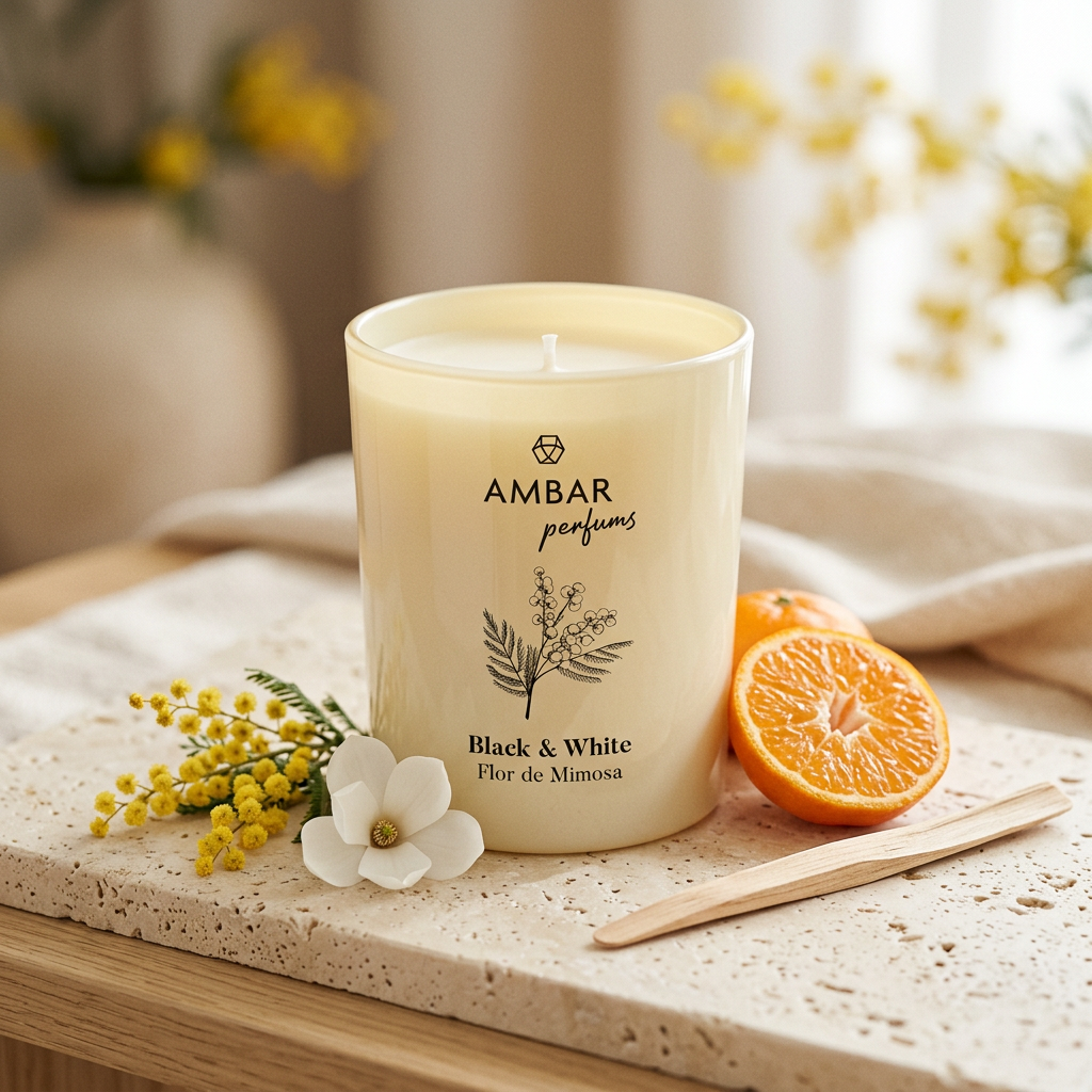Vela Black & White · Flor de Mimosa con mandarina, mimosa, magnolia y madera suave, Go Living.