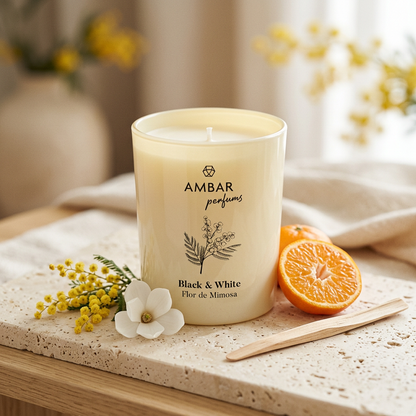 Vela Black & White · Flor de Mimosa con mandarina, mimosa, magnolia y madera suave, Go Living.
