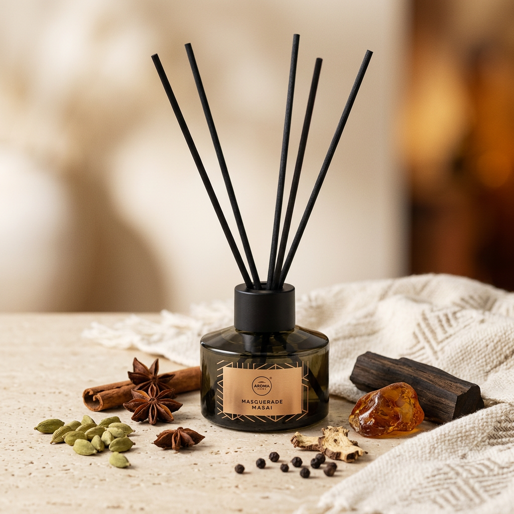 Difusor de varillas Mascarade Masai con especias exóticas, raíz de iris, ámbar y madera africana sobre travertino, frasco de vidrio 100 ml, Go Living.