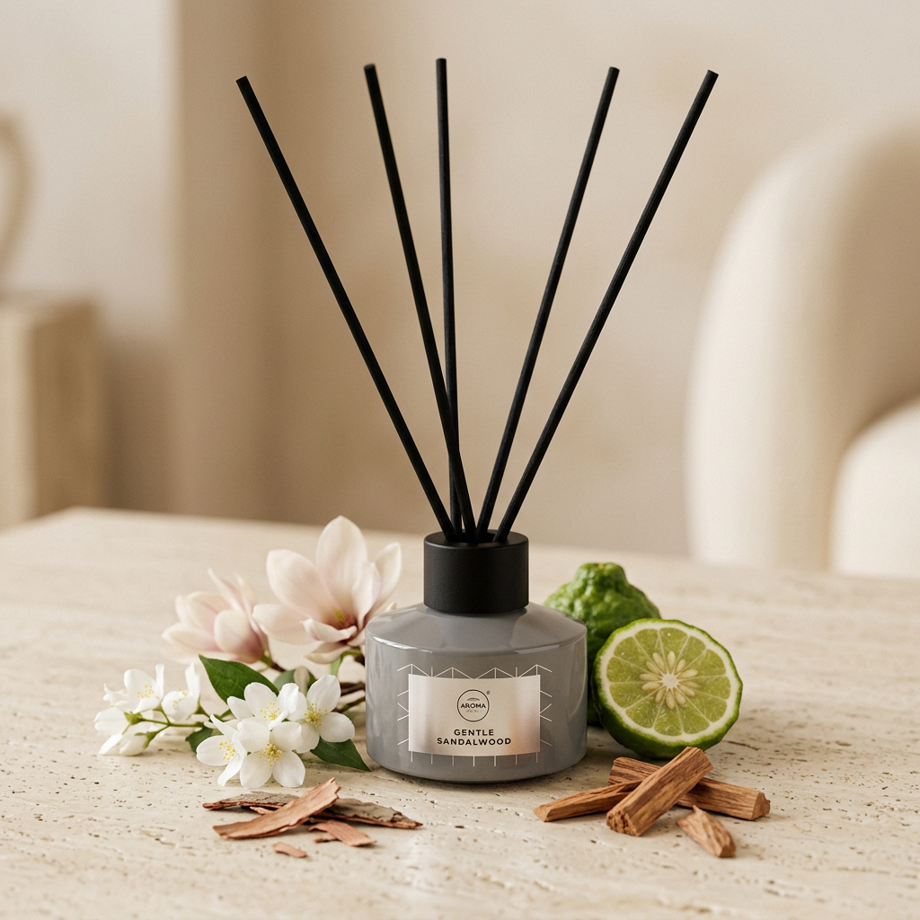 Difusor de varillas Gentle Sandalwood sobre travertino, con jazmín blanco, bergamota y maderas de cedro. Frasco de vidrio 100 ml, Go Living.