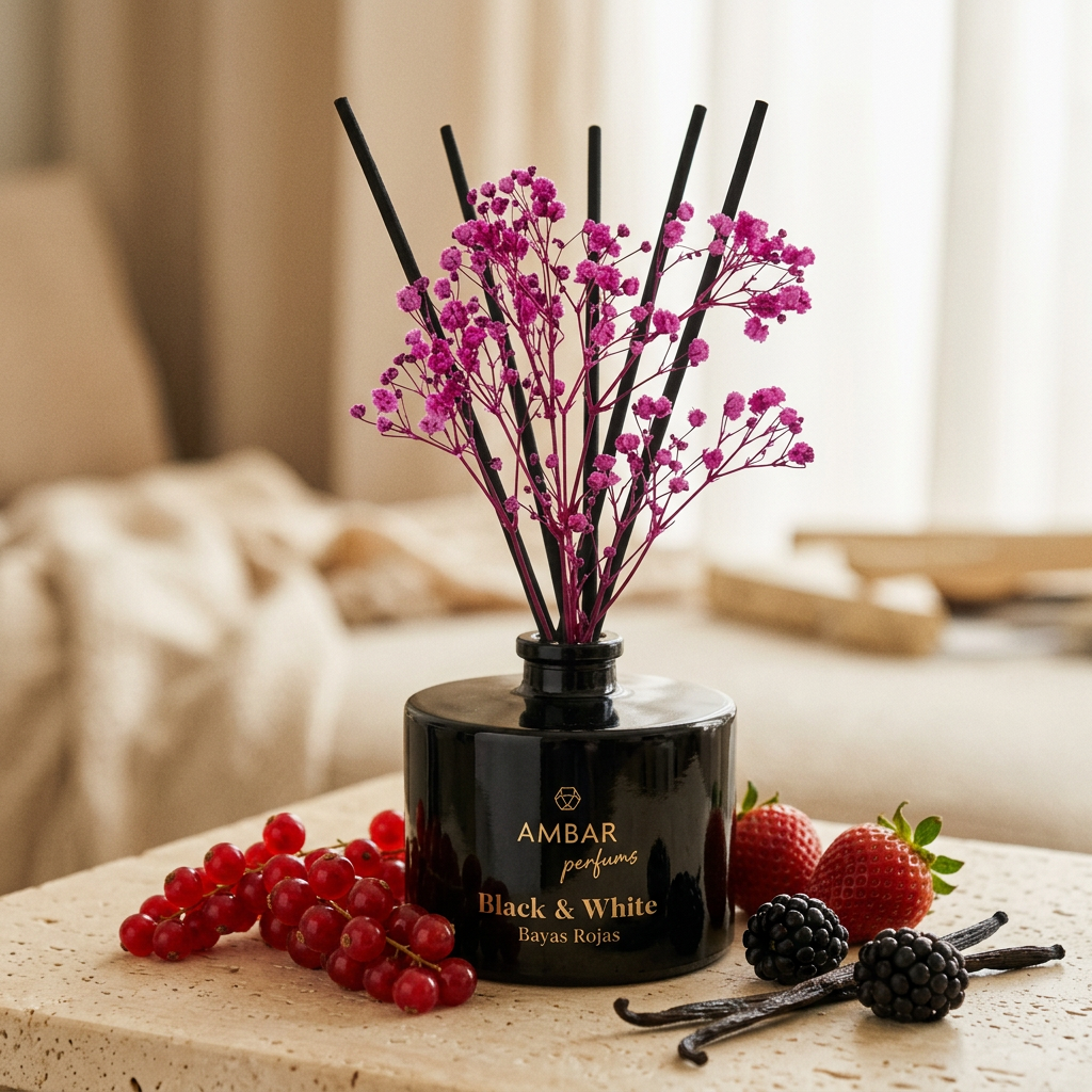 Mikado Black & White · Bayas Rojas con grosellas, fresas, moras y vainilla, frasco de vidrio, Go Living.