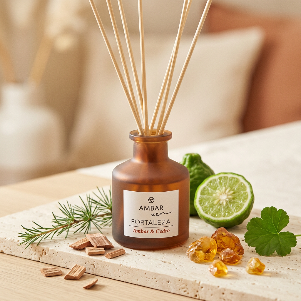 Mikado Zen · Ámbar y Cedro con ramas de cedro, bergamota y ámbar cálido, frasco de vidrio, Go Living.