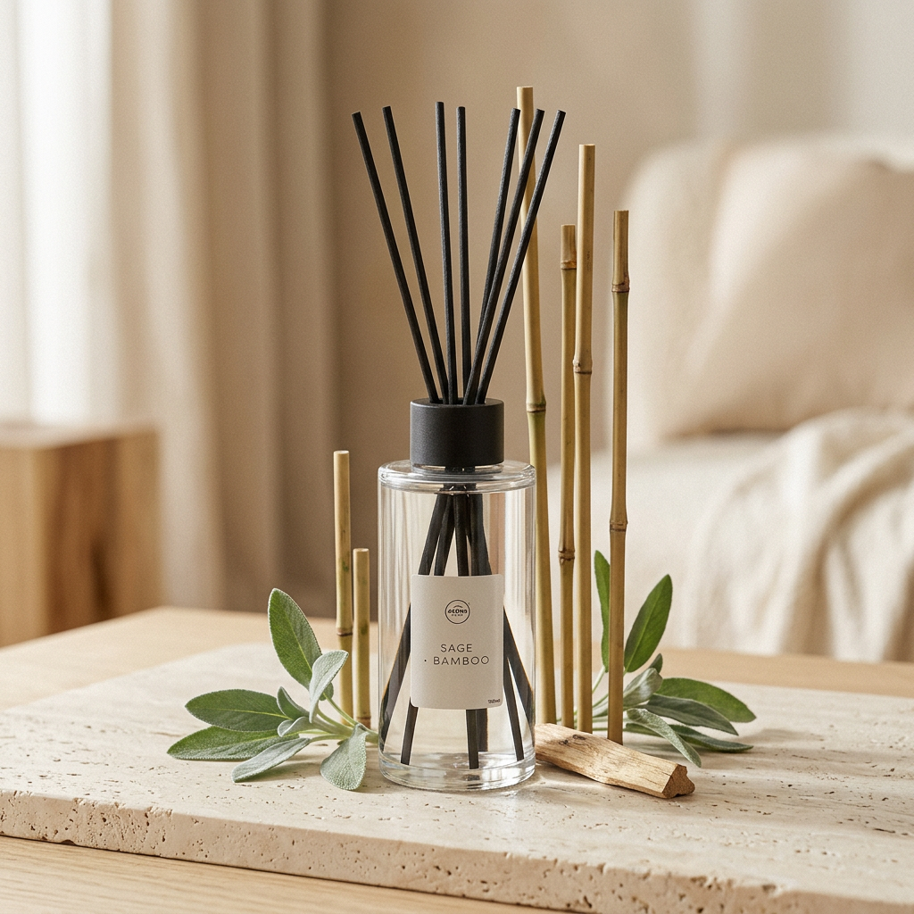 Difusor de varillas Simplicity Salvia y Bambú con cañas de bambú y hojas frescas, frasco 100 ml, Go Living.