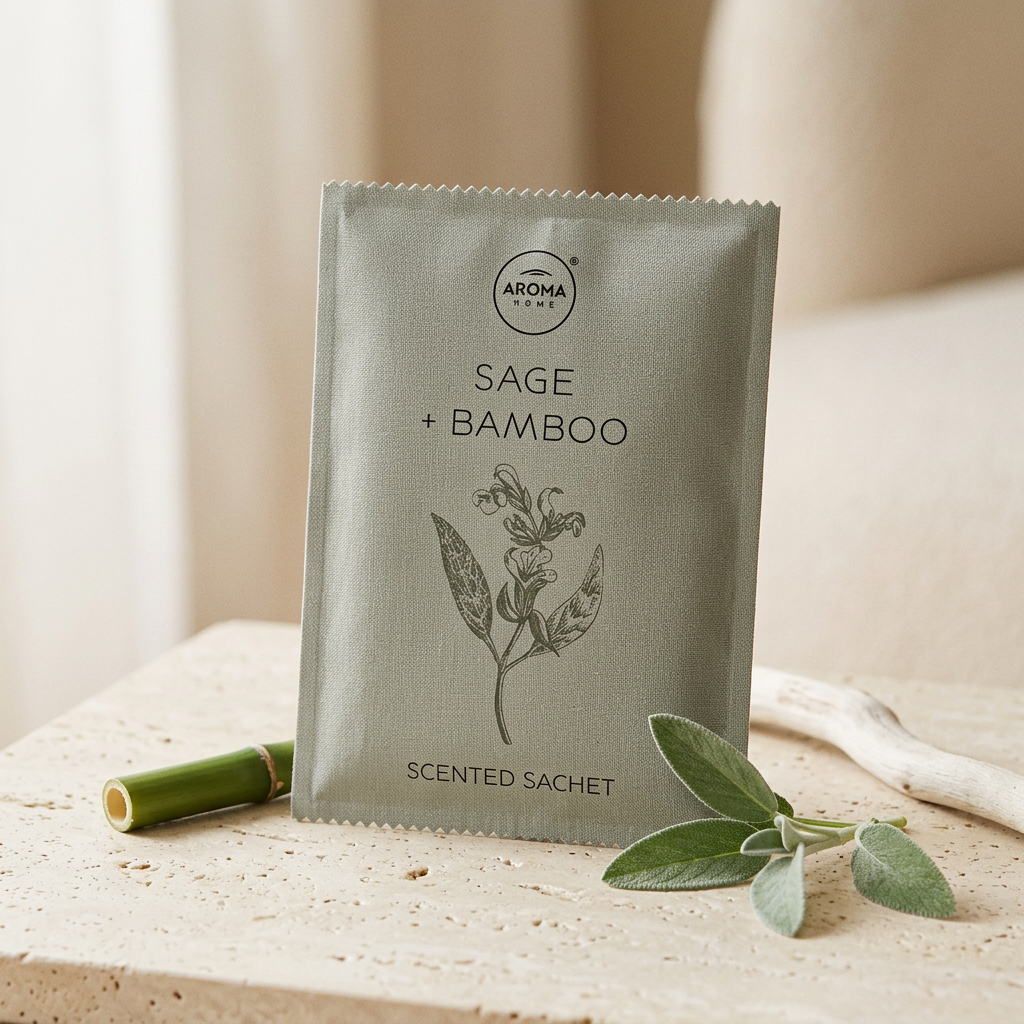 Sachet Simplicity · Salvia y Bambú sobre travertino con bambú, salvia y madera blanca, Go Living.