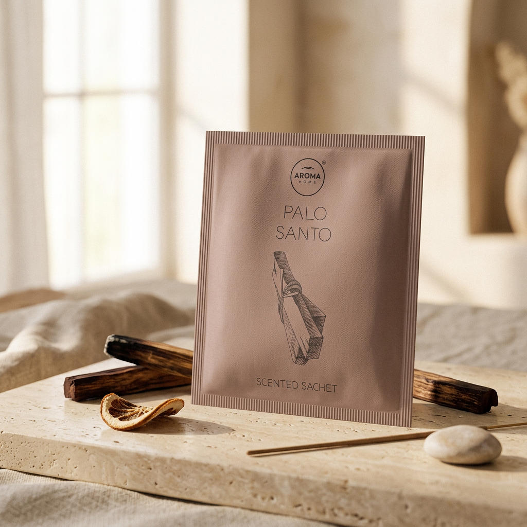 Sachet Simplicity · Palo Santo sobre travertino con astillas resinosas y cáscara cítrica, Go Living.