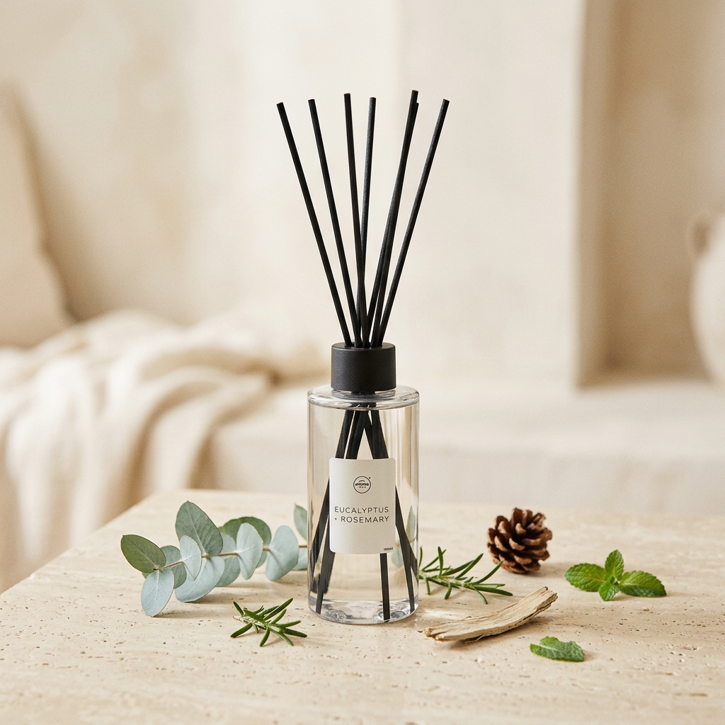 Difusor de varillas Simplicity Eucalipto y Romero con ramas frescas y cedro, frasco 100 ml, Go Living.