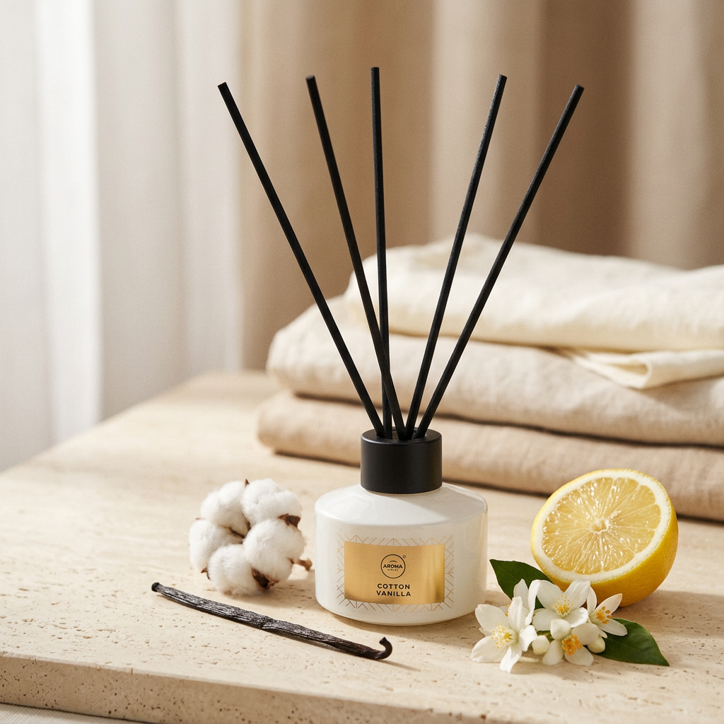 Difusor de varillas Cotton Vanilla sobre travertino, con algodón, vainilla en vaina, flores blancas y limón. Frasco de vidrio 100 ml, Go Living.