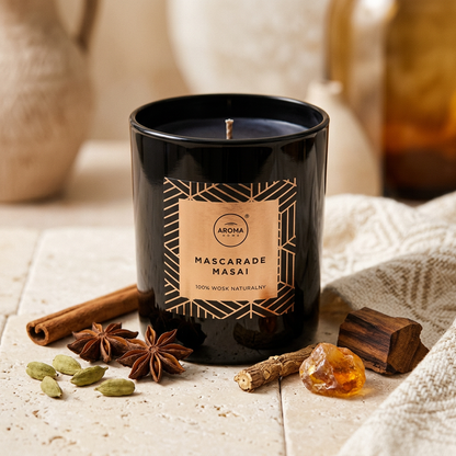 Vela Elegance · Mascarade Masai con especias, flor de loto, raíz de iris, madera africana y ámbar, Go Living.