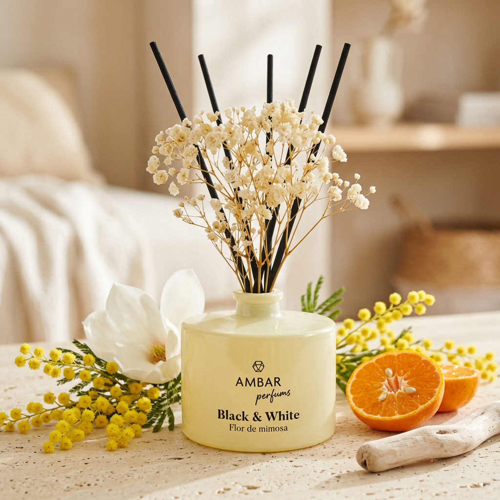 Mikado Black & White · Flor de Mimosa con flores amarillas de mimosa, magnolia y mandarina, frasco de vidrio, Go Living.