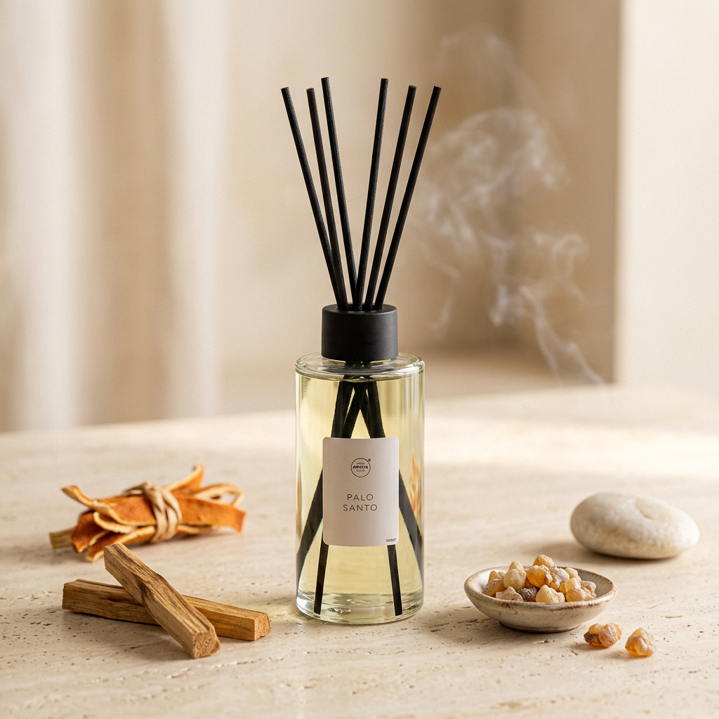 Difusor de varillas Simplicity Palo Santo con astillas resinosas y cáscaras cítricas, frasco 100 ml, Go Living.